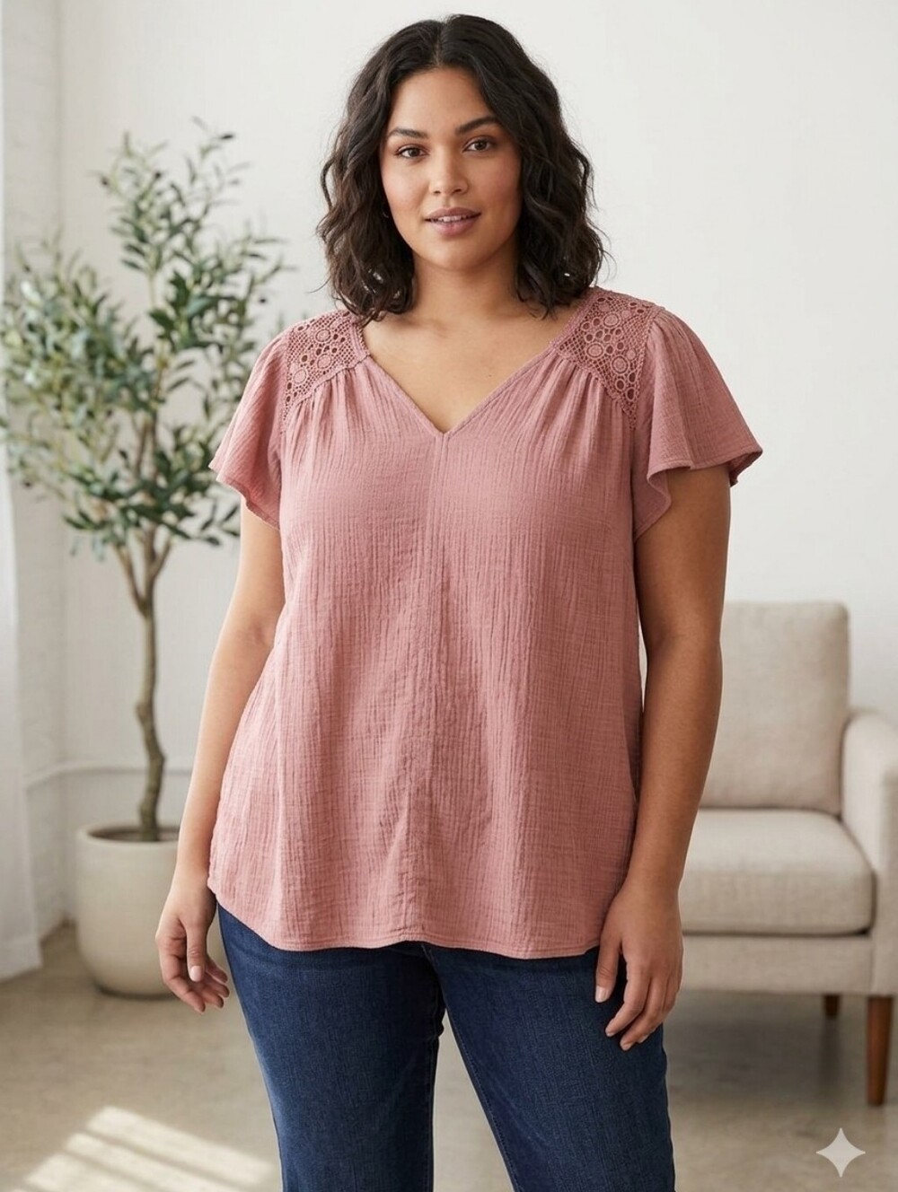 Max Studio Dusty Rose V-Neck Top with Crochet Shoulders 2X